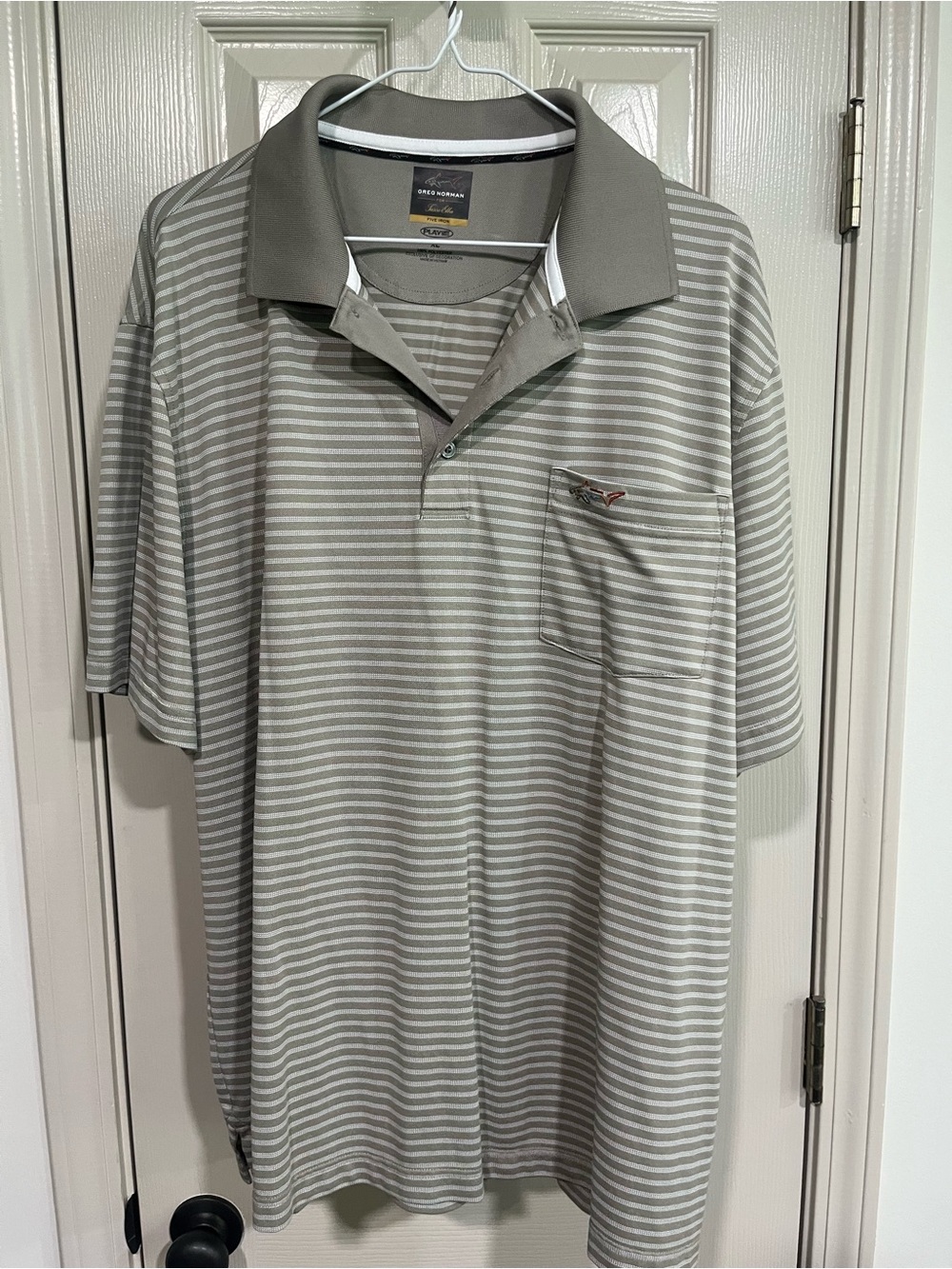 Greg Norman Collection Men's Gray and White Striped Polo